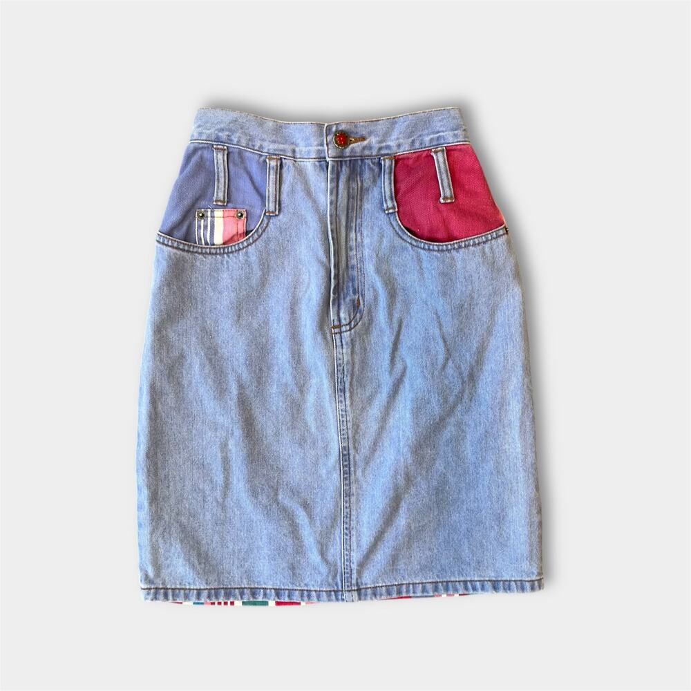 Vintage Girls Denim Patchwork Striped Pencil Skirt